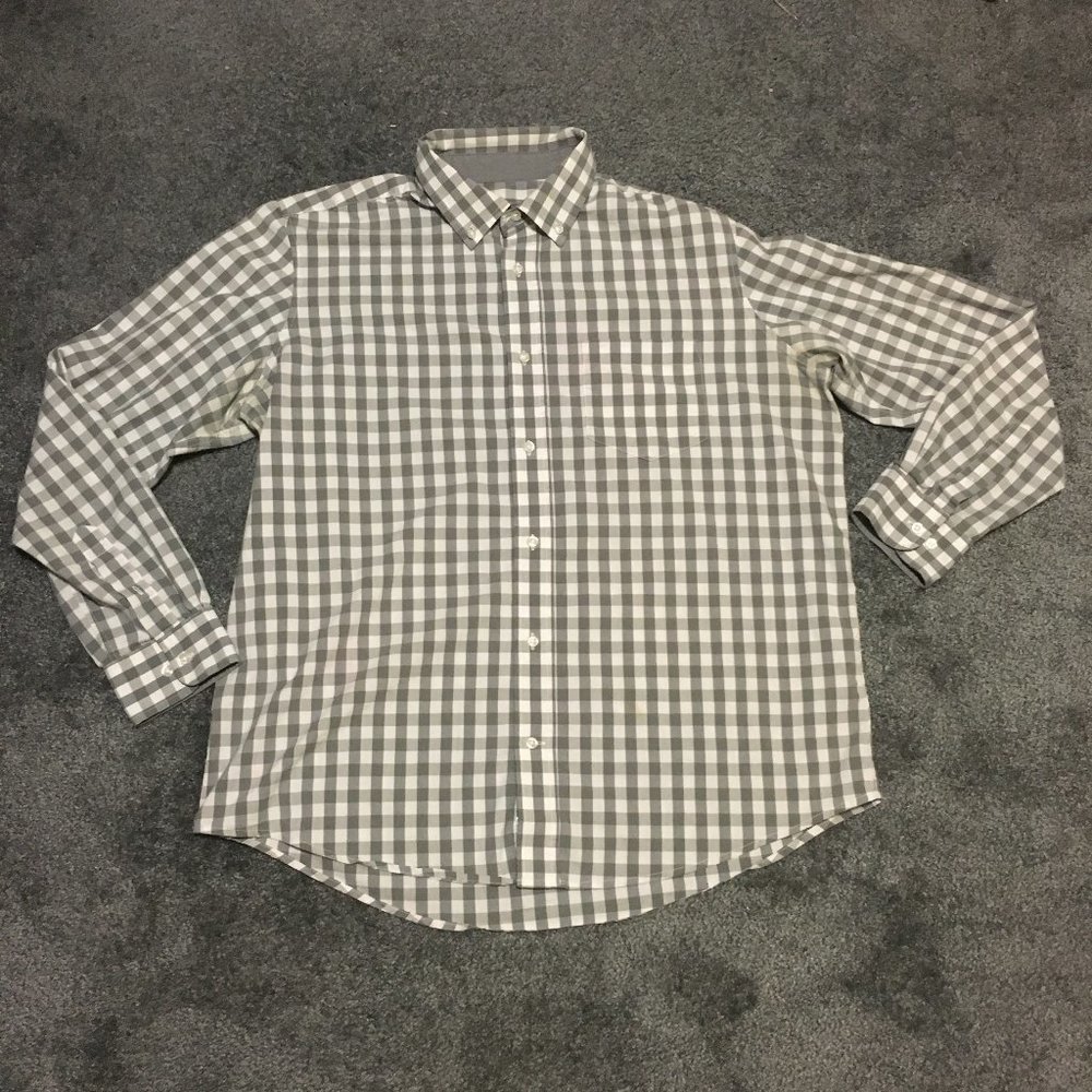George Mens Large (42-44) Gray Plaid/Checkered Buttown Down Blended Fabric